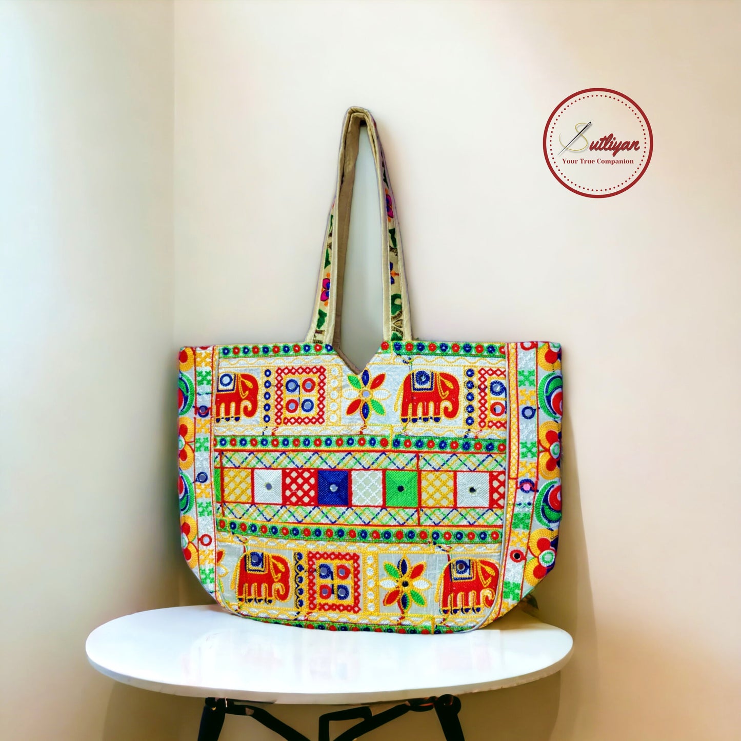 SUTLIYAN Jaipuri Double-Sided Embroidery Elephant Design White Large Tote Bag for Women (14*19 Inch)