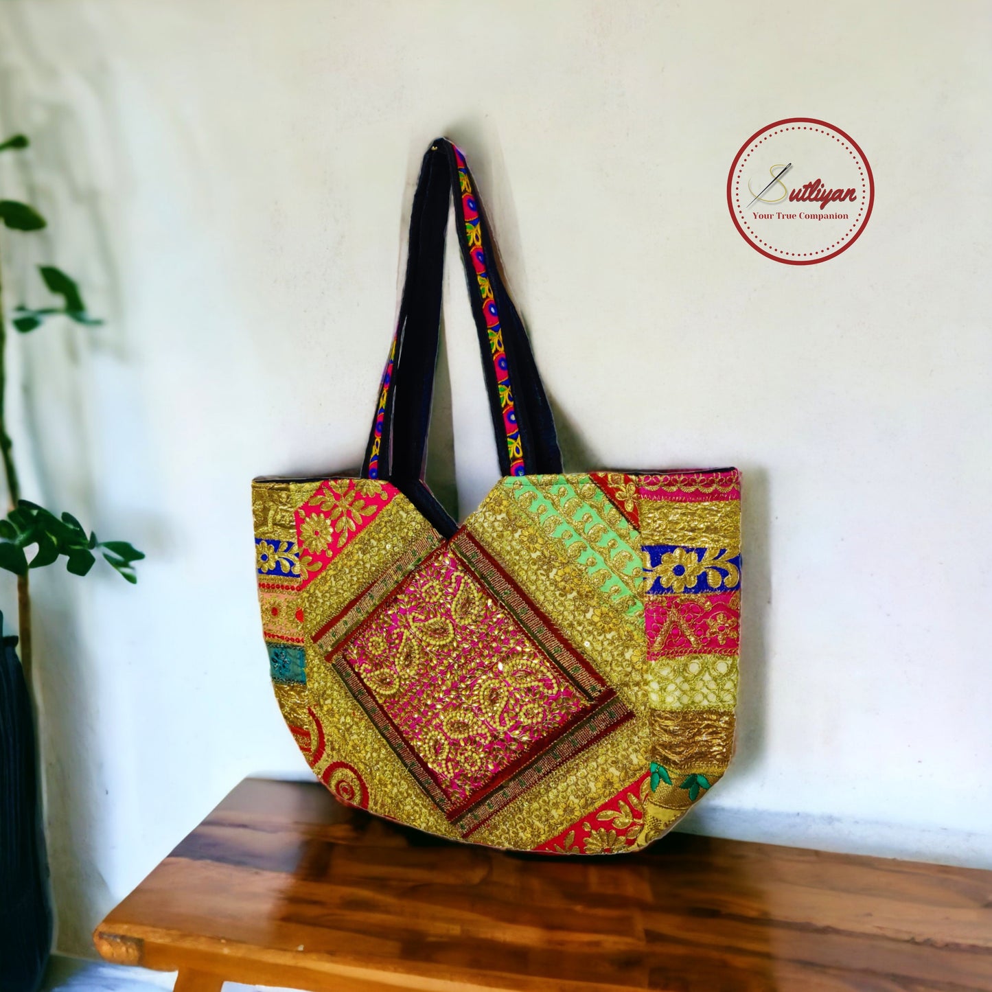 SUTLIYAN Handmade Double-Sided Patch Work Multicolor Large Tote Bag for Women (16*20 Inch)