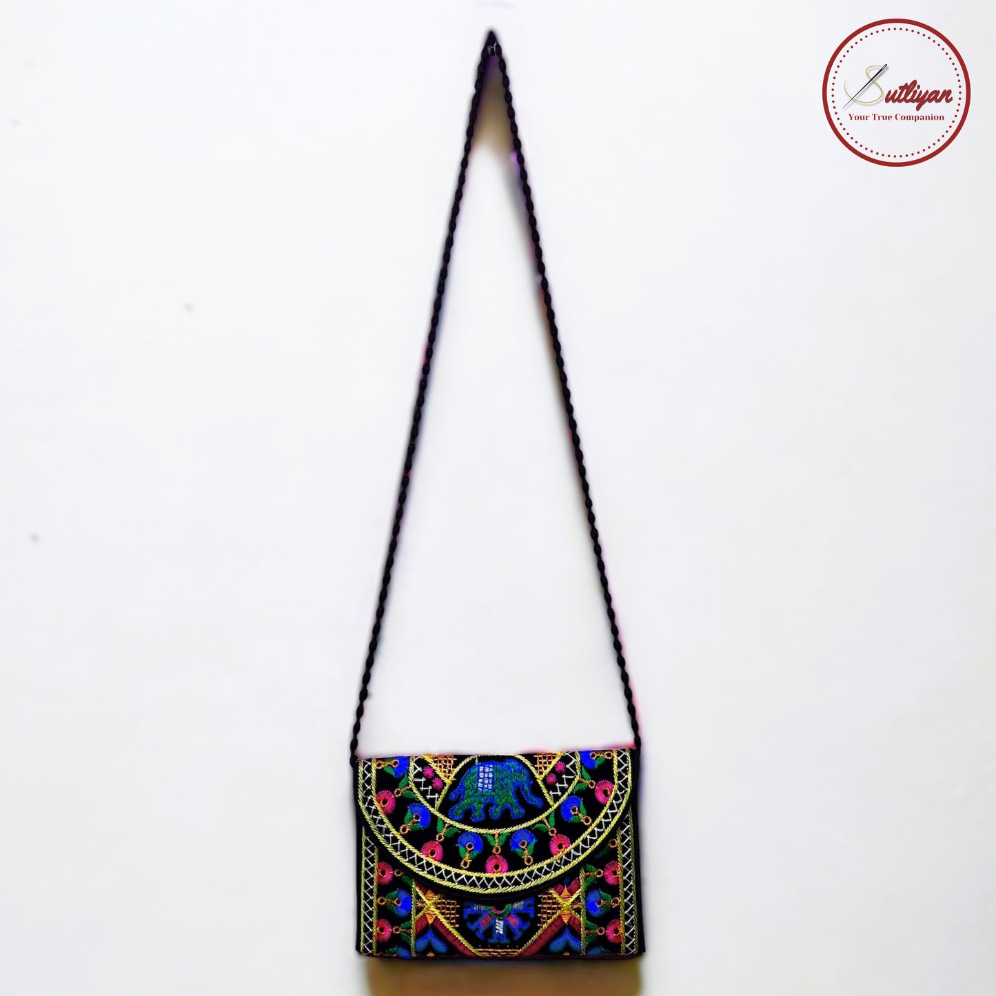 SUTLIYAN Gujarati Handmade Double-Sided Embroidery Blue Small Clutch (6*8 Inch)