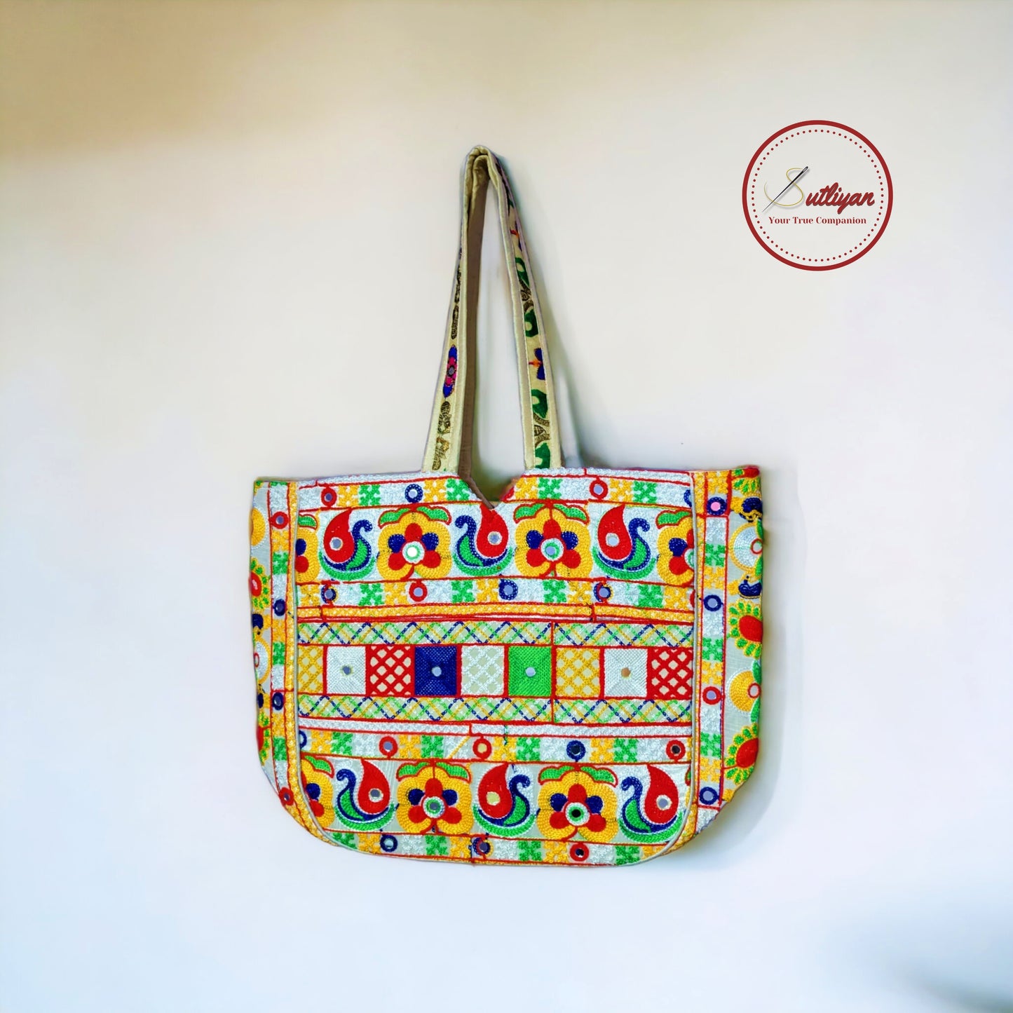 SUTLIYAN Jaipuri Double-Sided Embroidery White Large Tote Bag for Women (14*19 Inch)