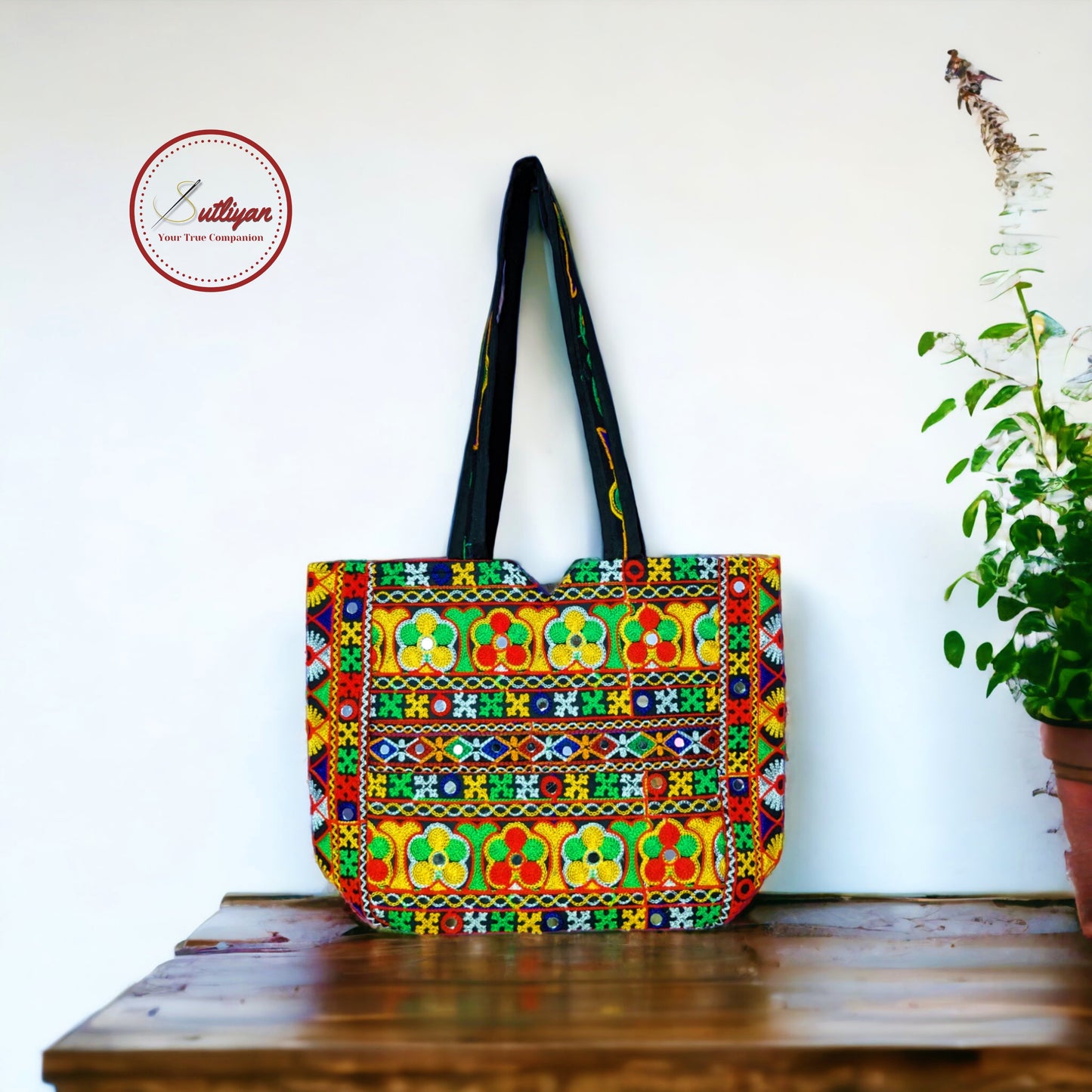 SUTLIYAN Rajasthani Double-Sided Embroidery Black Regular Tote Bag for Women (12*16 Inch)