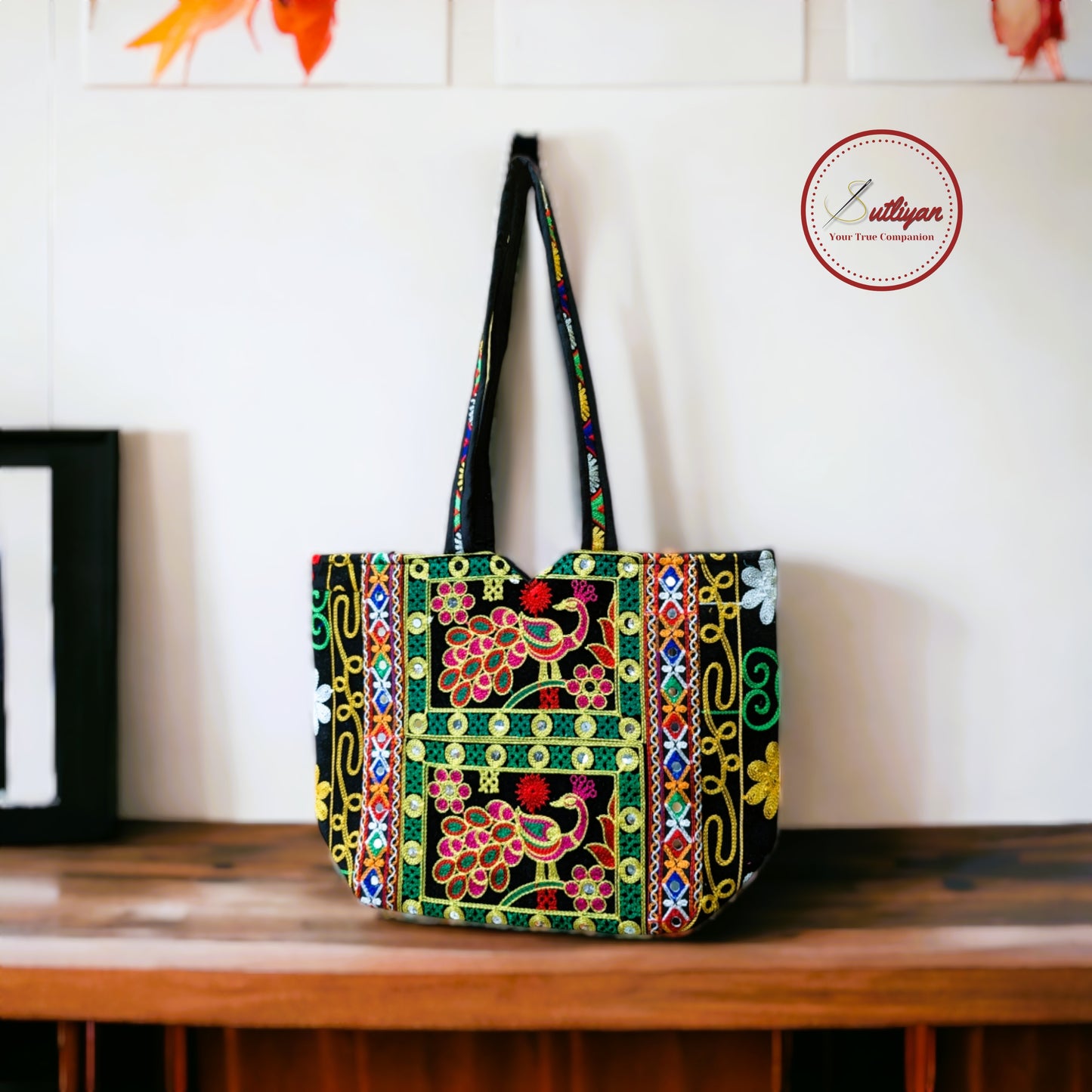SUTLIYAN Rajasthani Handmade Double-Sided Embroidery Regular Black Tote Bag for Women (12*16 Inch)