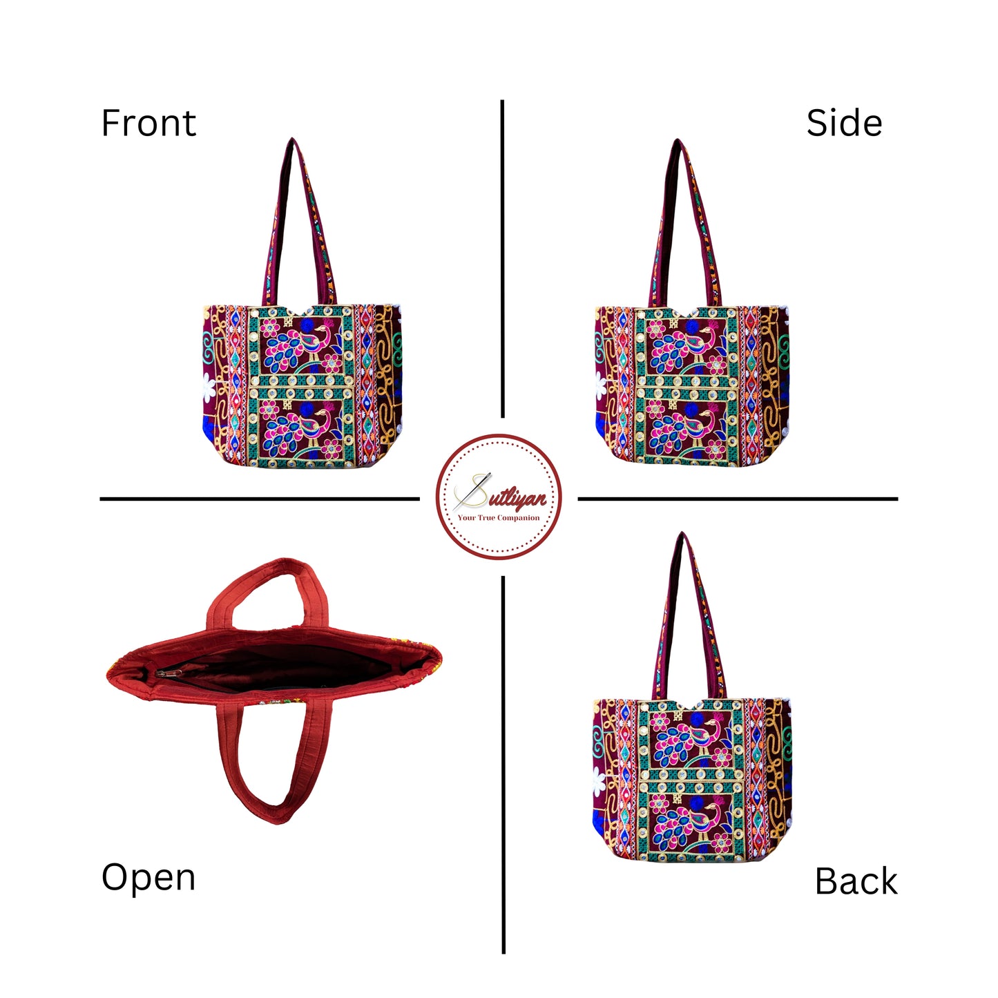 SUTLIYAN Rajasthani Handmade Double-Sided Embroidery Regular Maroon Tote Bag for Women (12*16 Inch)