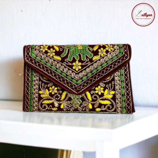 SUTLIYAN Ahmedabadi Handmade Double-Sided Aari-Zari Embroidery Brown Small Clutch (6*8 Inch)