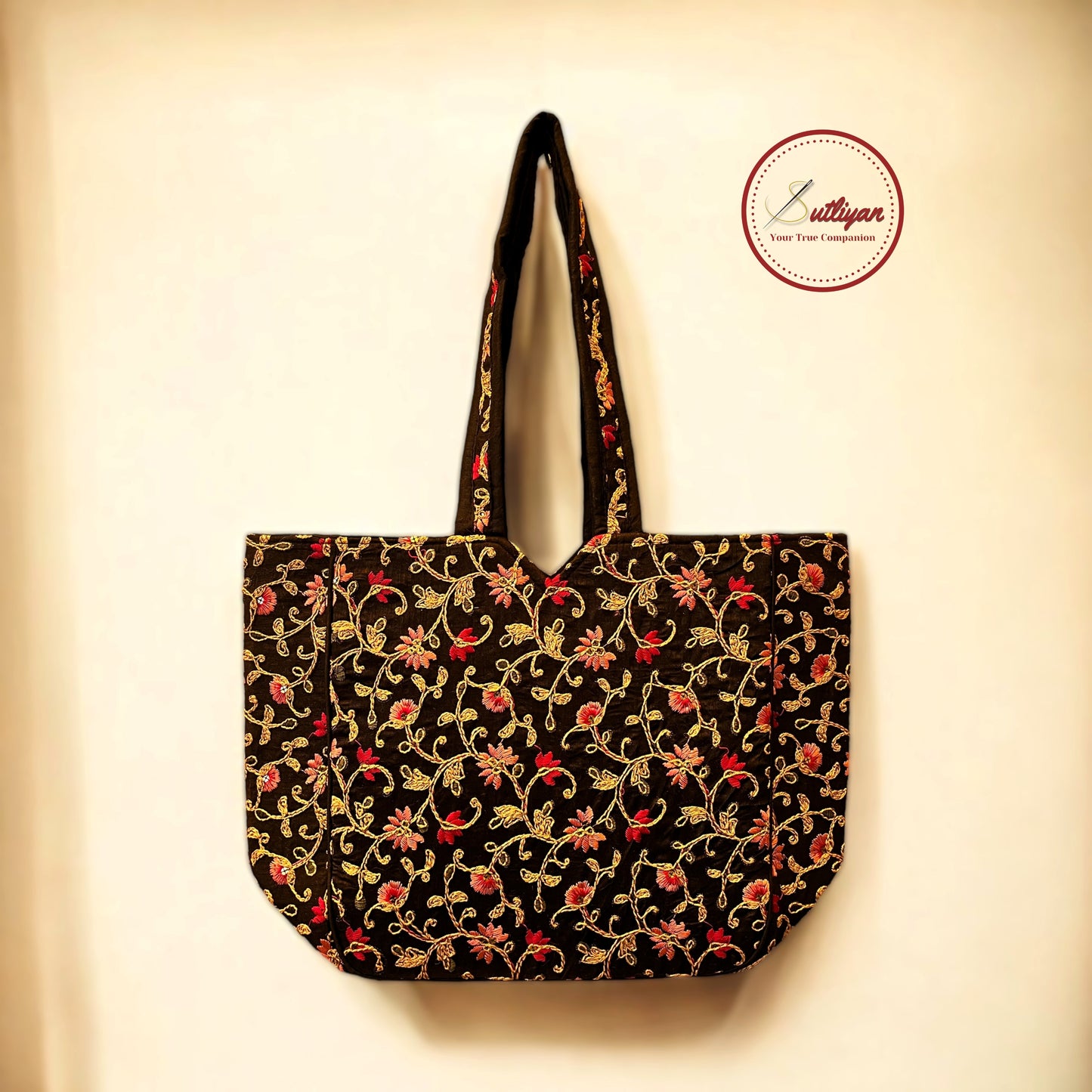 SUTLIYAN Ahmedabadi Handmade Double-Sided Embroidery Black Regular Tote Bag for Women (12 * 16 Inch)