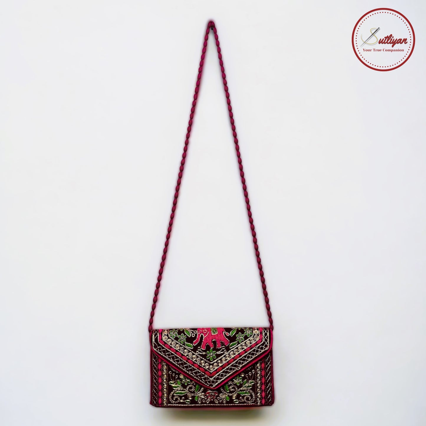 SUTLIYAN Ahmedabadi Handmade Double-Sided Aari-Zari Embroidery Brown Small Clutch (6*8 Inch)