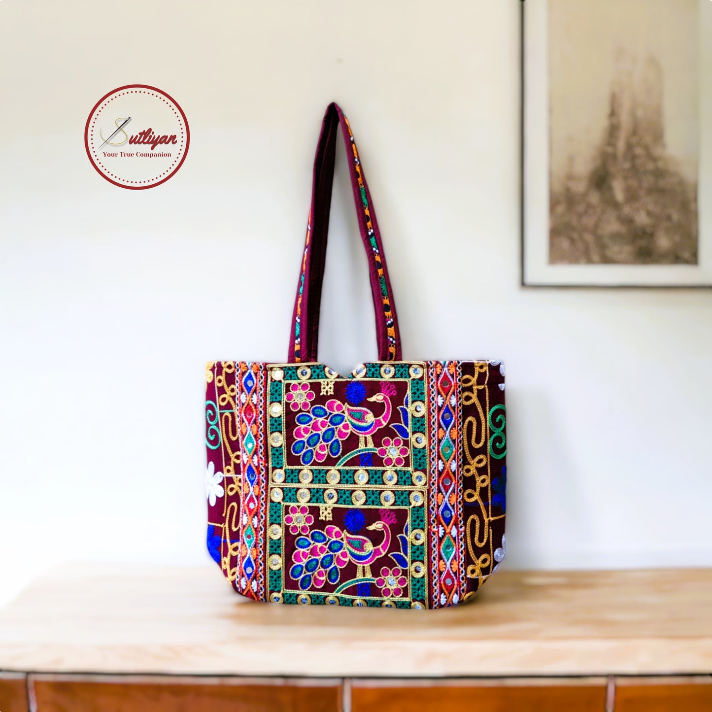 SUTLIYAN Rajasthani Handmade Double-Sided Embroidery Regular Maroon Tote Bag for Women (12*16 Inch)