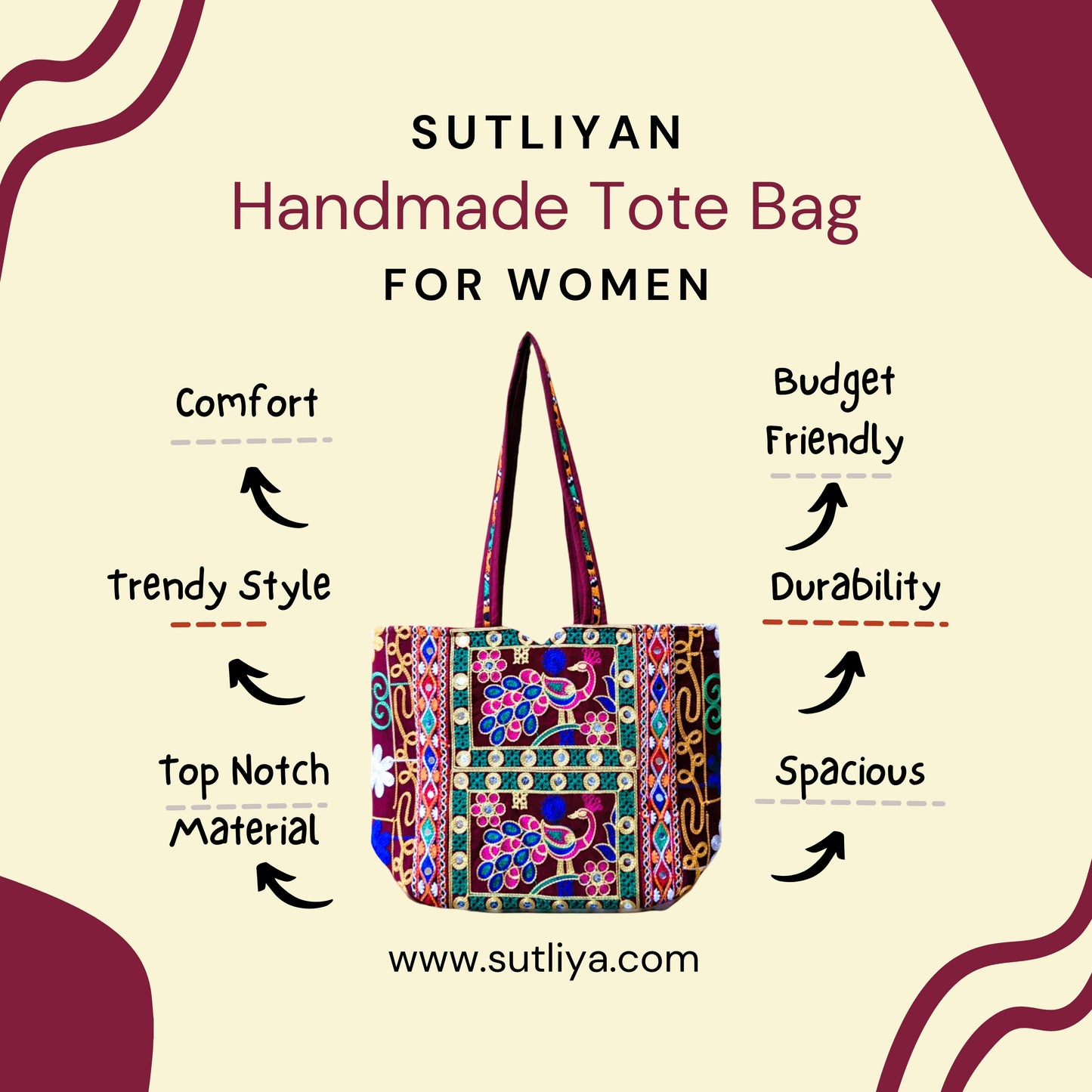 SUTLIYAN Rajasthani Handmade Double-Sided Embroidery Regular Maroon Tote Bag for Women (12*16 Inch)